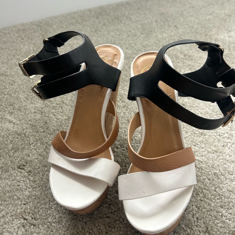 Stylish Black, White, and Tan Wedges